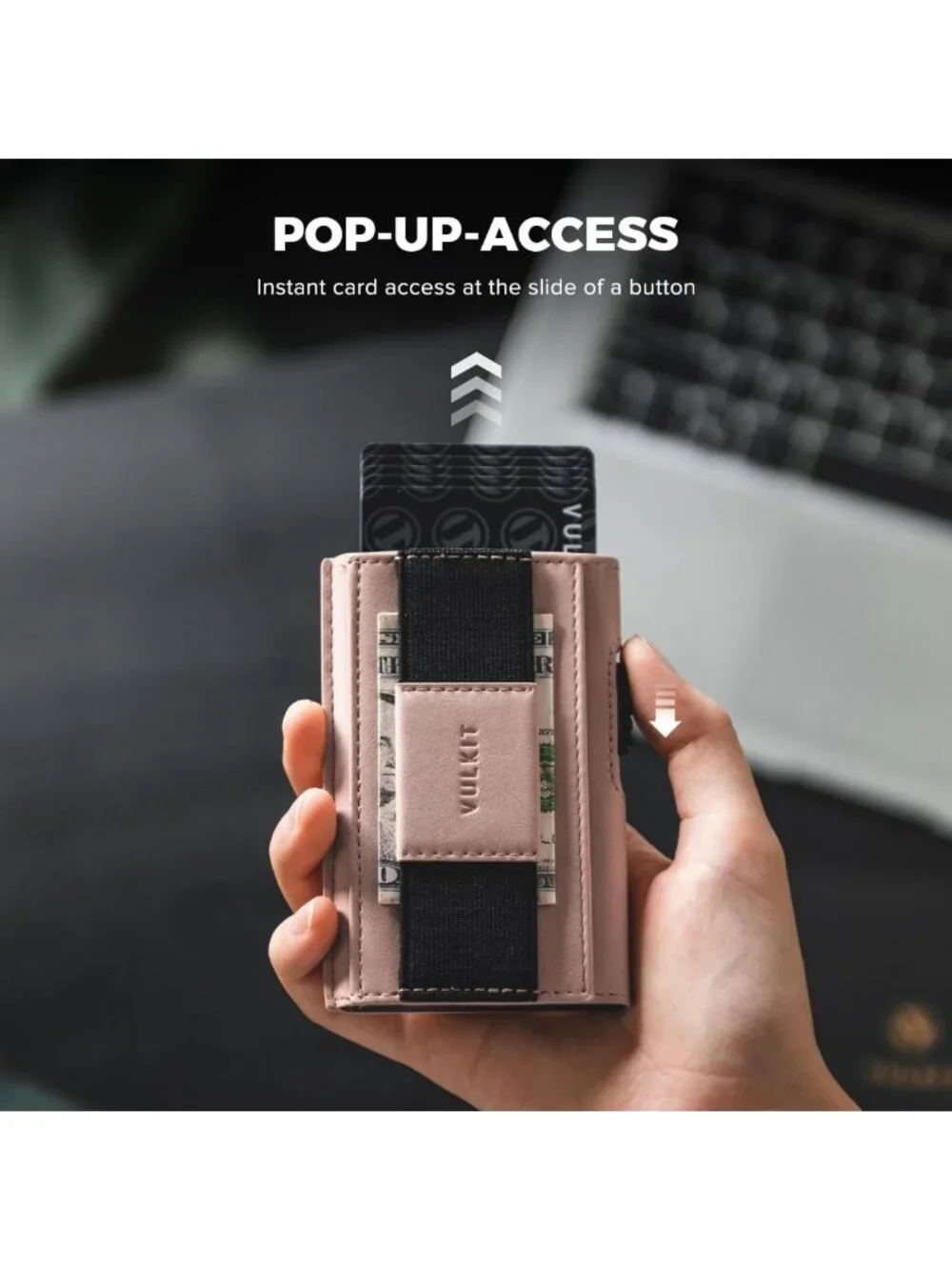 Slim Aluminum RFID Blocking Card Holder with Vegan Leather Sleeve, Pop-Up